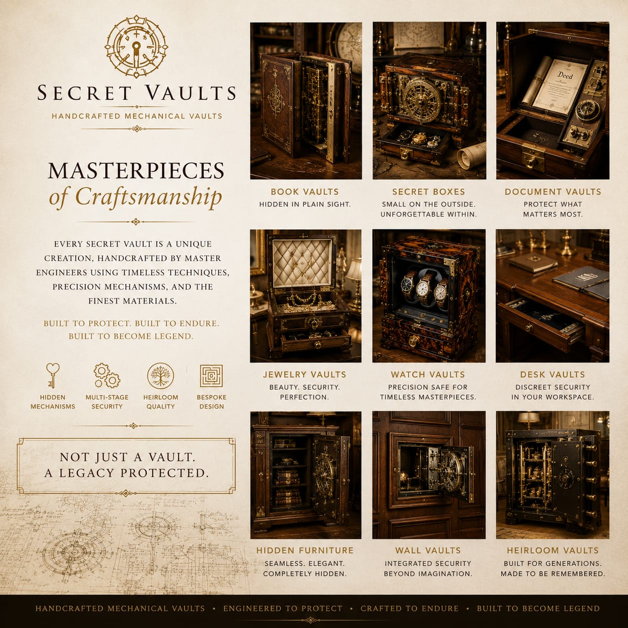 A panorama of Secret Vaults masterpieces — book vaults, secret boxes, watch vaults, jewelry vaults and hidden furniture