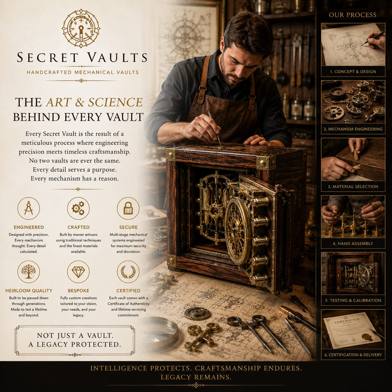 A master engineer at the workbench, refining a brass vault mechanism