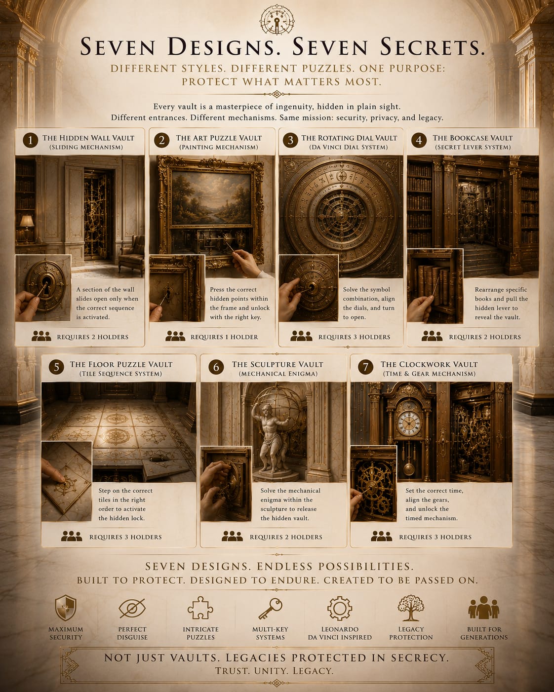 Seven Secret Vaults archetypes — hidden wall, art puzzle, rotating dial, bookcase, floor puzzle, sculpture, and clockwork