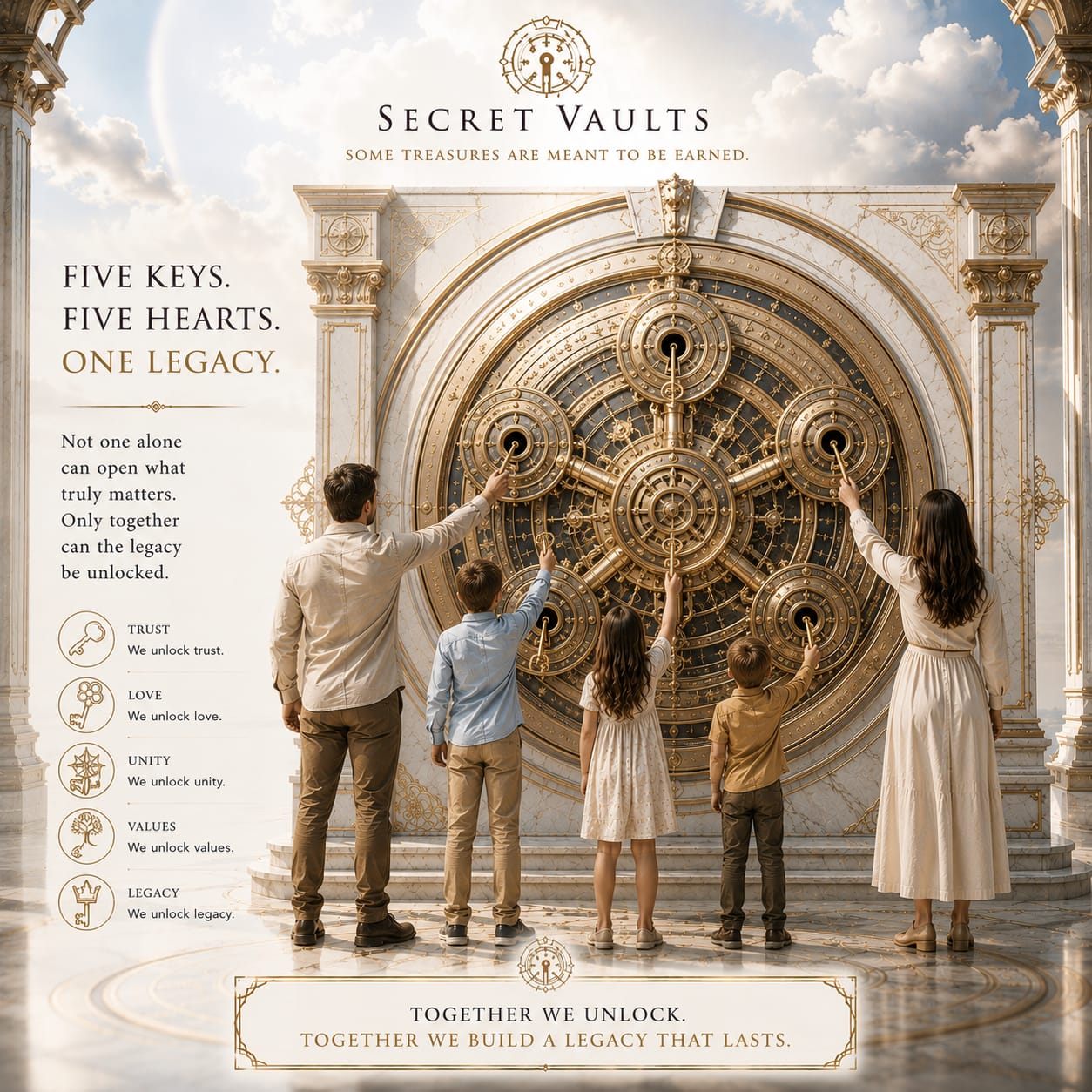 A family of five inserting five separate keys into a monumental multi-lock vault