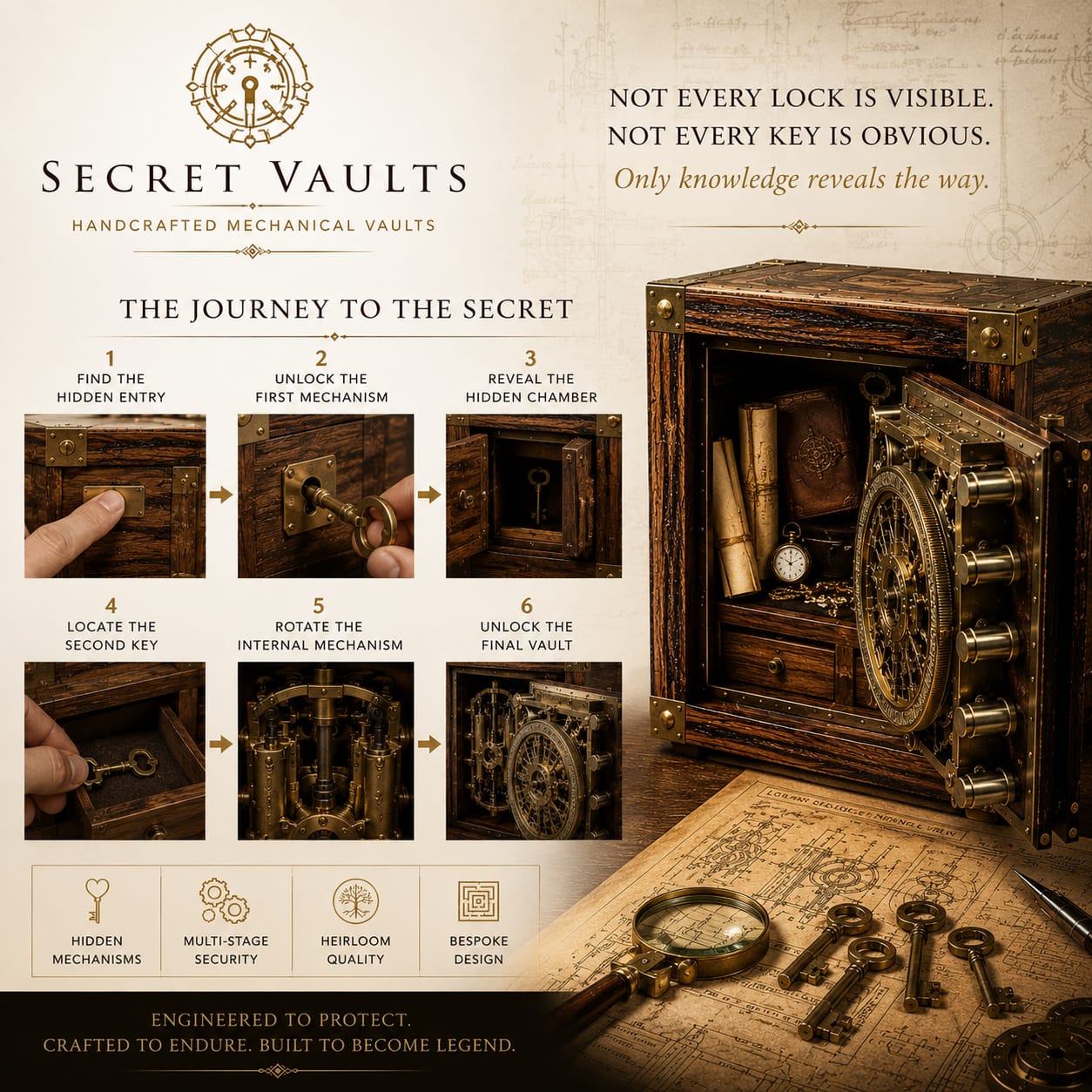 Six-step infographic — find the hidden entry, unlock, reveal chamber, locate second key, rotate mechanism, unlock the final vault