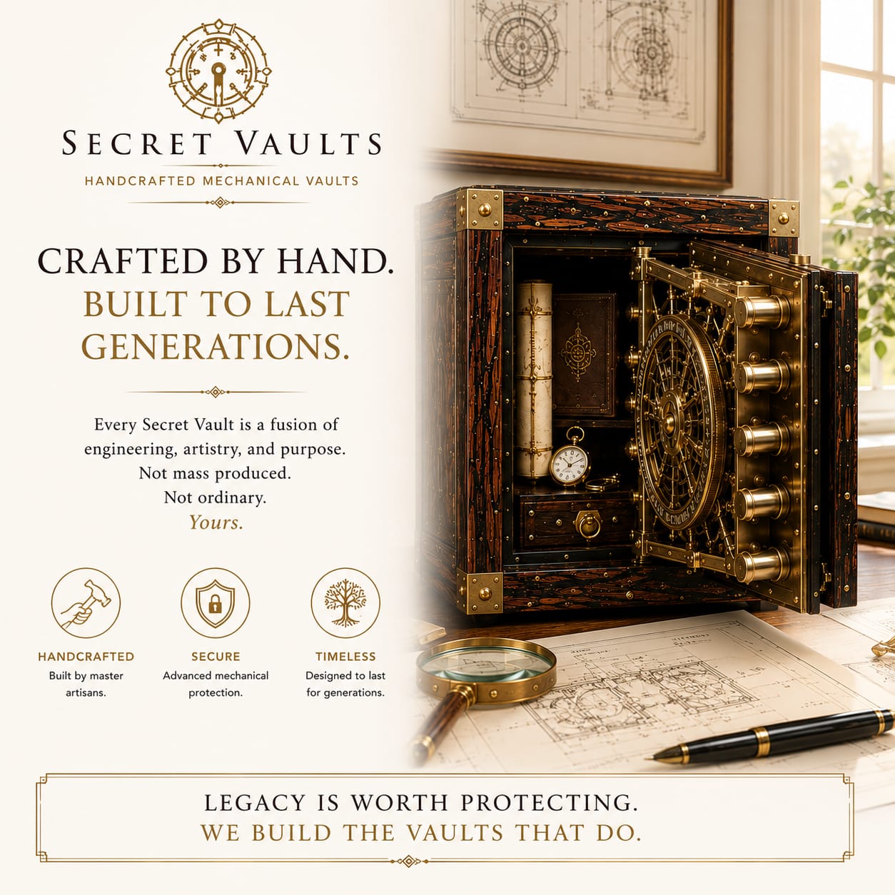 Handcrafted Secret Vault with brass mechanism revealed by candlelight
