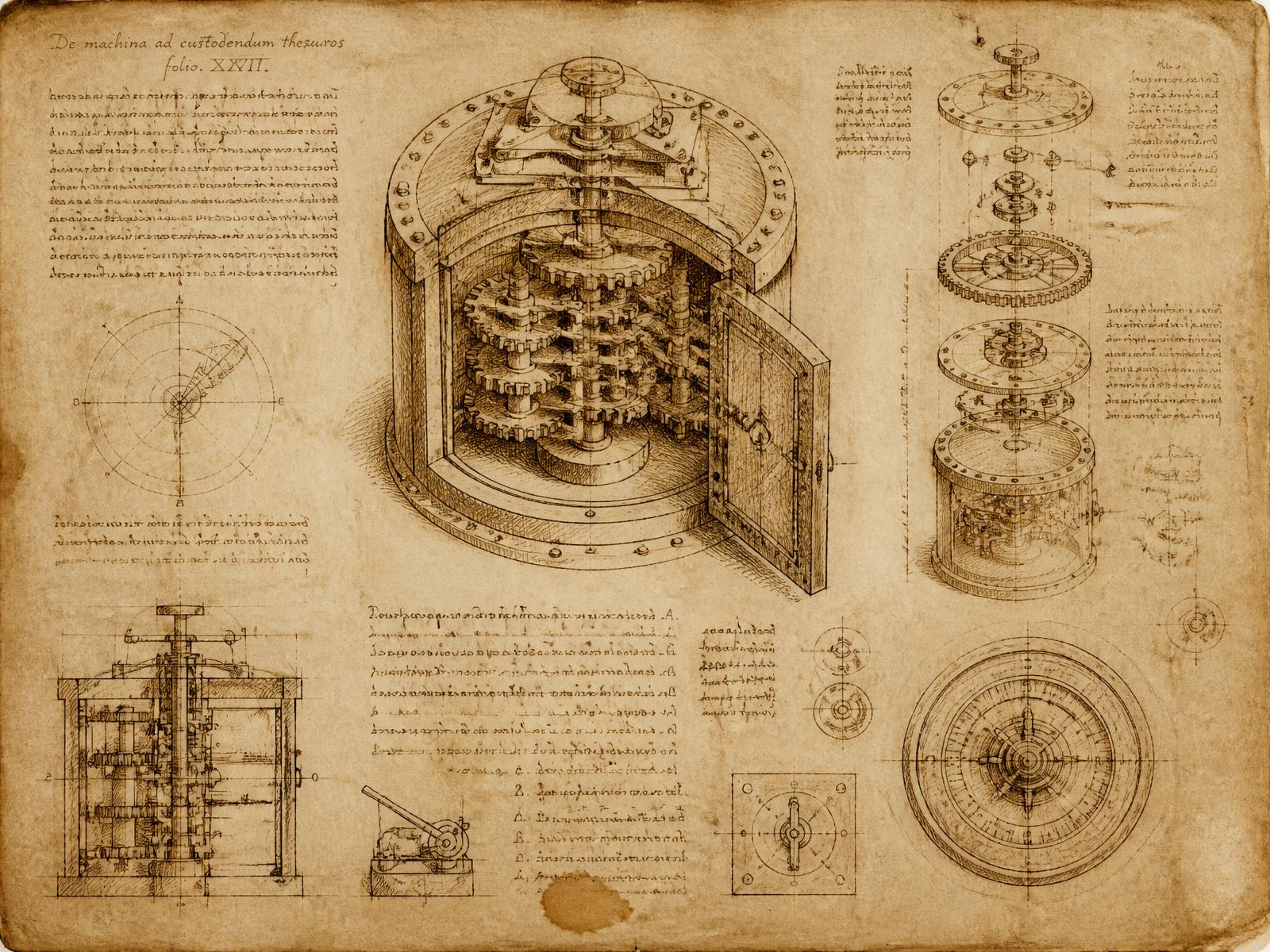 Renaissance-style mechanical blueprint of a vault
